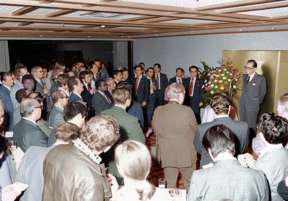Prime Minister Takeo Miki speaking at the opening reception (October 1976)