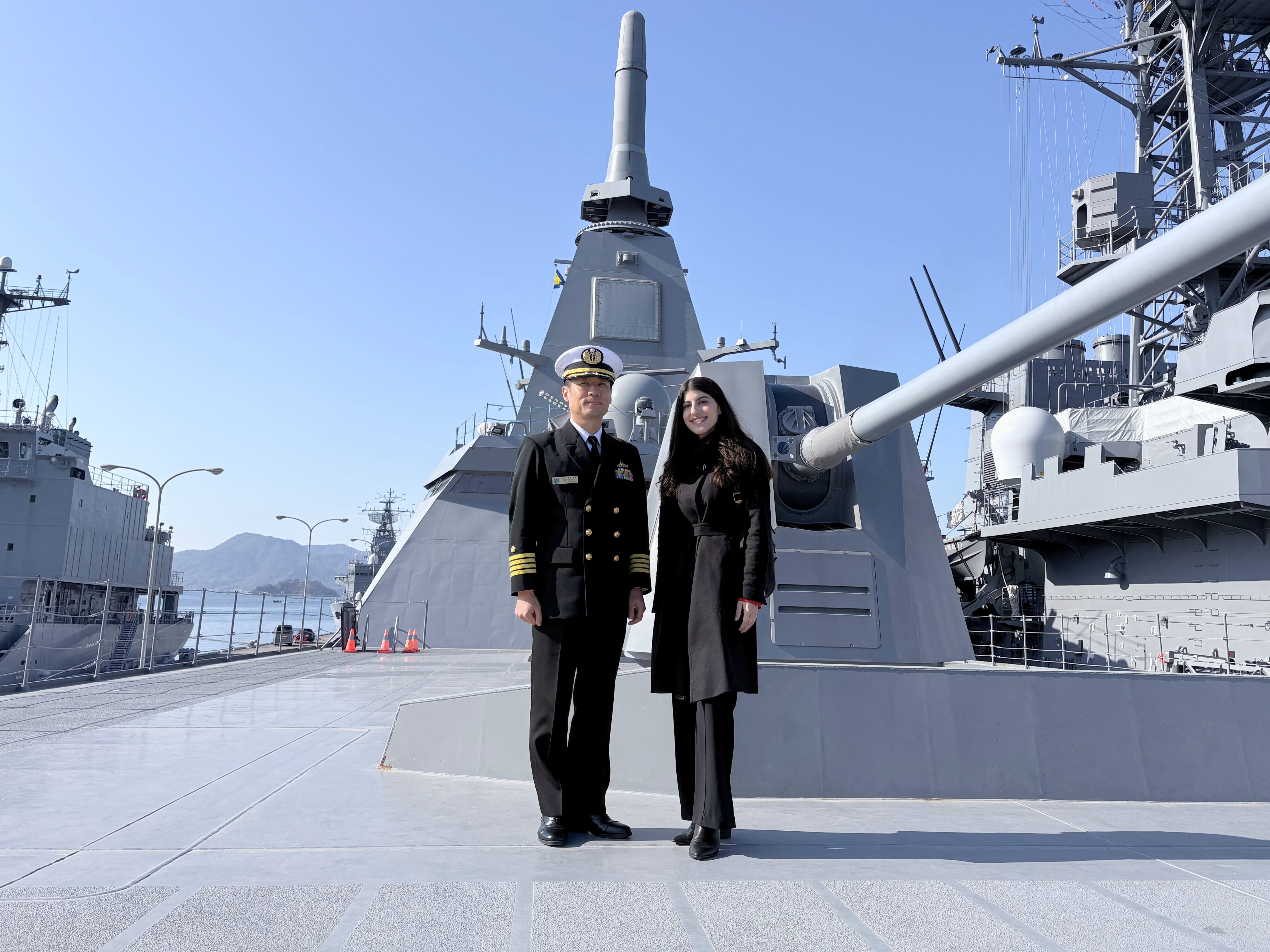 Journalist from Australia visiting a frigate at the Japan Maritime Self-Defense Force Kure Naval Base (February 2026)